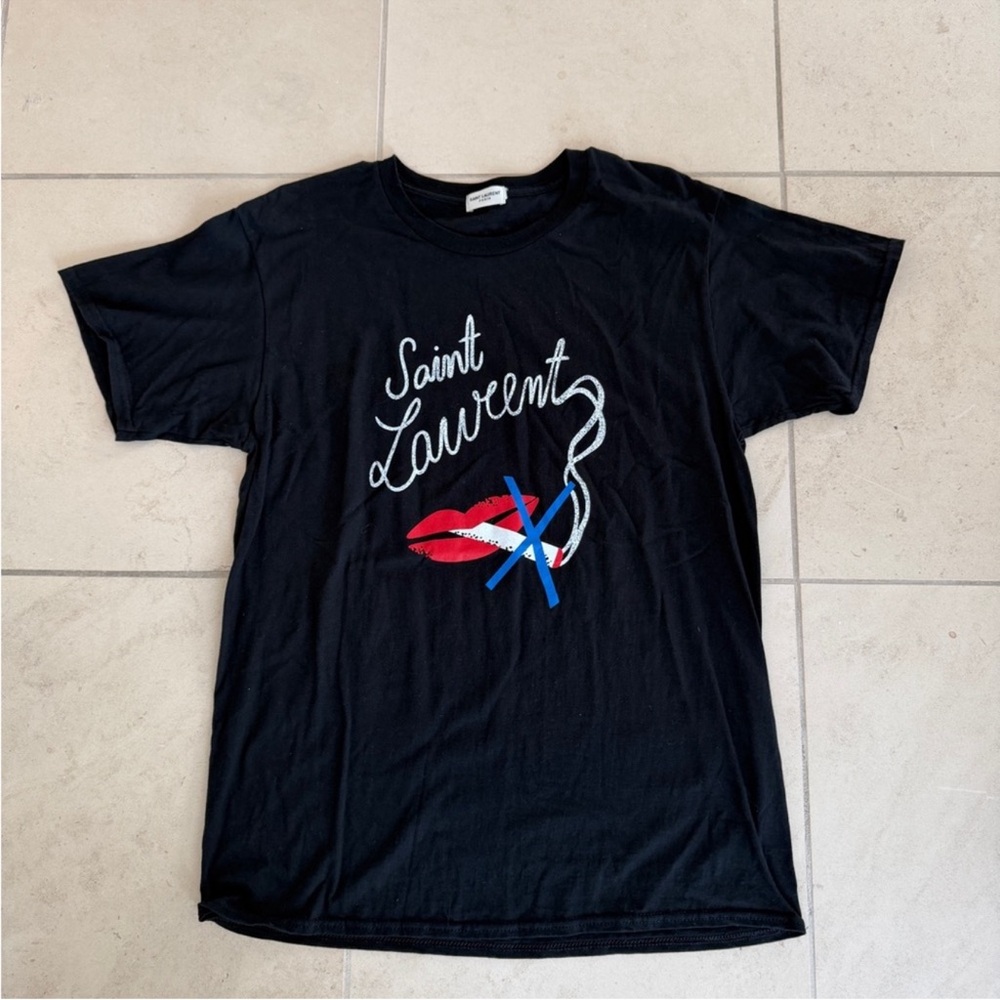 Saint Laurent Black Tee with Red Lips and Blue Accent